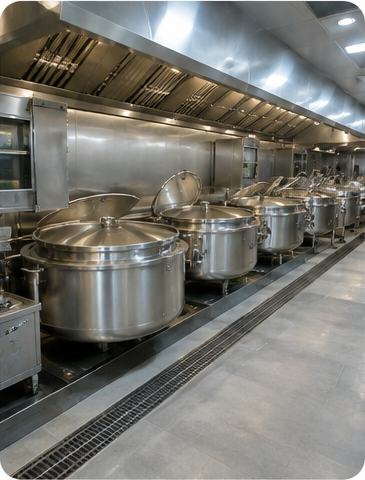 Army mess kitchen with large stainless steel pots