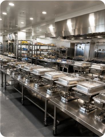 Catering kitchen with chafing dishes on trolleys