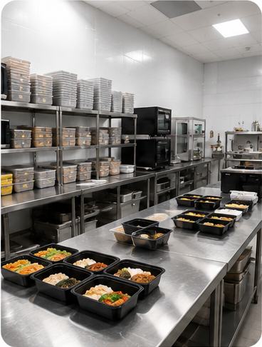 Cloud kitchen prep table with delivery tiffin boxes