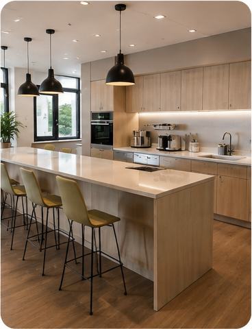 Corporate office pantry with kitchen island