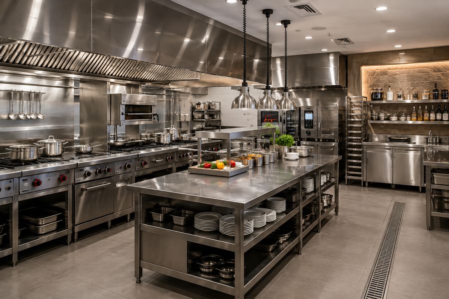 Hotel kitchen with island counter and pendant lighting