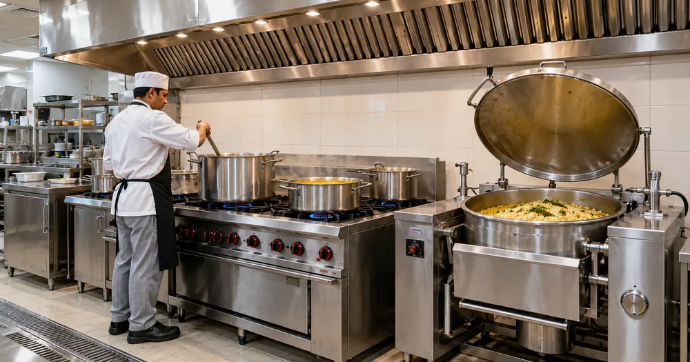 Tilting bulk cooker and gas range in one line under a hood