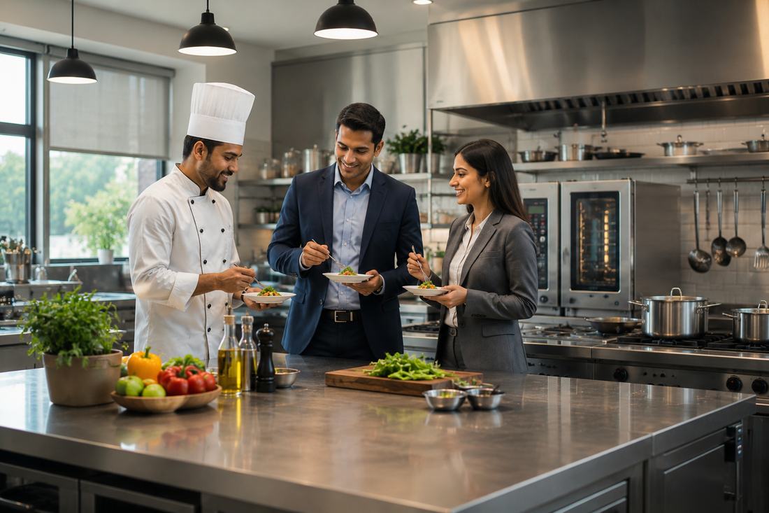 Chef and restaurant owners discussing a cloud kitchen concept and menu