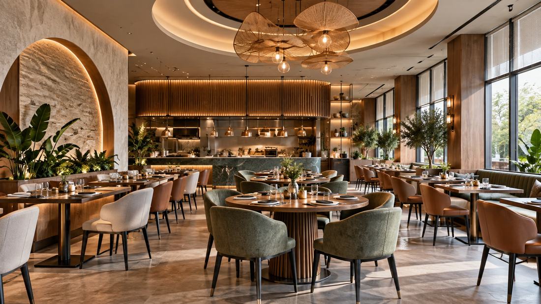Restaurant dining area with designed interiors and open kitchen